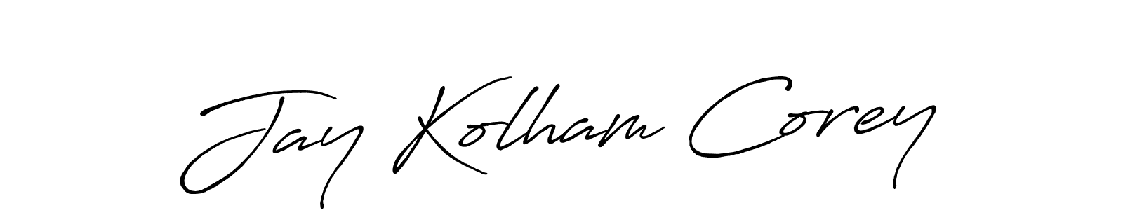 The best way (Antro_Vectra_Bolder) to make a short signature is to pick only two or three words in your name. The name Jay Kolham Corey include a total of six letters. For converting this name. Jay Kolham Corey signature style 7 images and pictures png