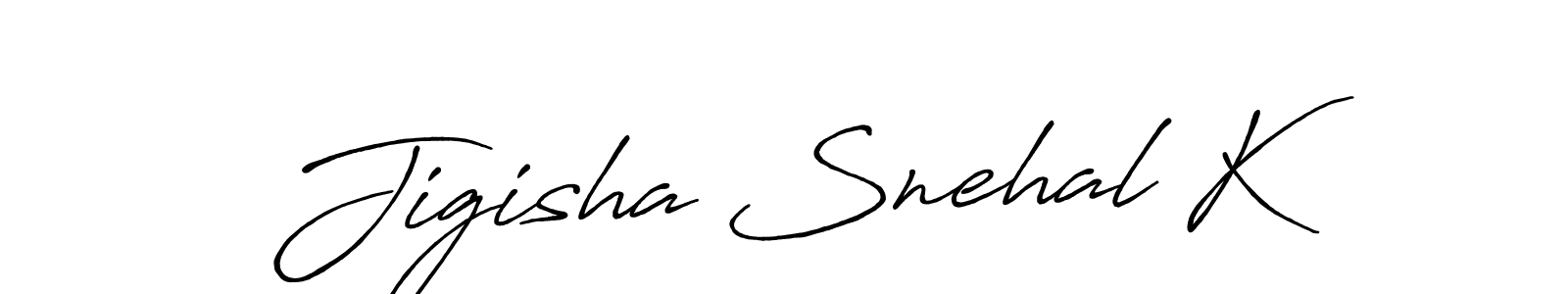 Make a beautiful signature design for name Jigisha Snehal K. With this signature (Antro_Vectra_Bolder) style, you can create a handwritten signature for free. Jigisha Snehal K signature style 7 images and pictures png