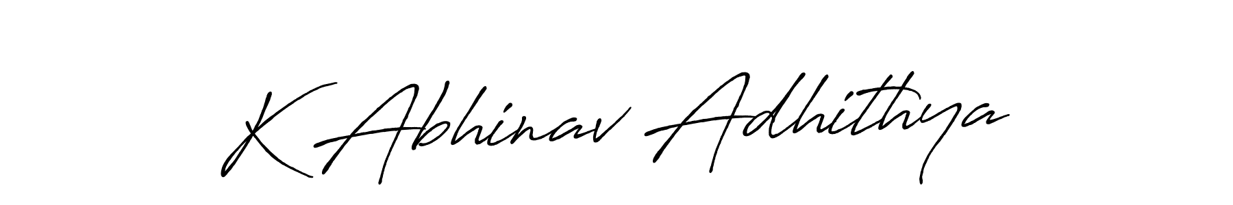 The best way (Antro_Vectra_Bolder) to make a short signature is to pick only two or three words in your name. The name K Abhinav Adhithya include a total of six letters. For converting this name. K Abhinav Adhithya signature style 7 images and pictures png