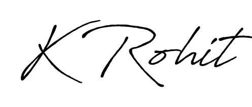 A sleek calligraphic signature for name K Rohit utilizing Antro_Vectra_Bolder styling. Great for adding personal signatures to photos and art. K Rohit signature style 7 images and pictures png