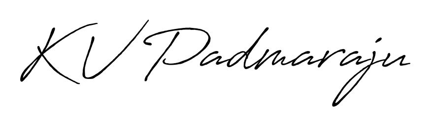 A sleek calligraphic signature for name K V Padmaraju utilizing Antro_Vectra_Bolder styling. Great for adding personal signatures to photos and art. K V Padmaraju signature style 7 images and pictures png