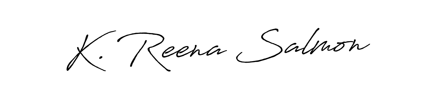 The best way (Antro_Vectra_Bolder) to make a short signature is to pick only two or three words in your name. The name K. Reena Salmon include a total of six letters. For converting this name. K. Reena Salmon signature style 7 images and pictures png