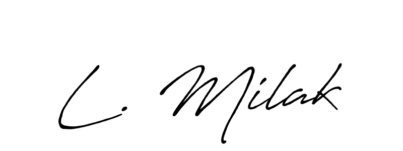 The best way (Antro_Vectra_Bolder) to make a short signature is to pick only two or three words in your name. The name L. Milak include a total of six letters. For converting this name. L. Milak signature style 7 images and pictures png