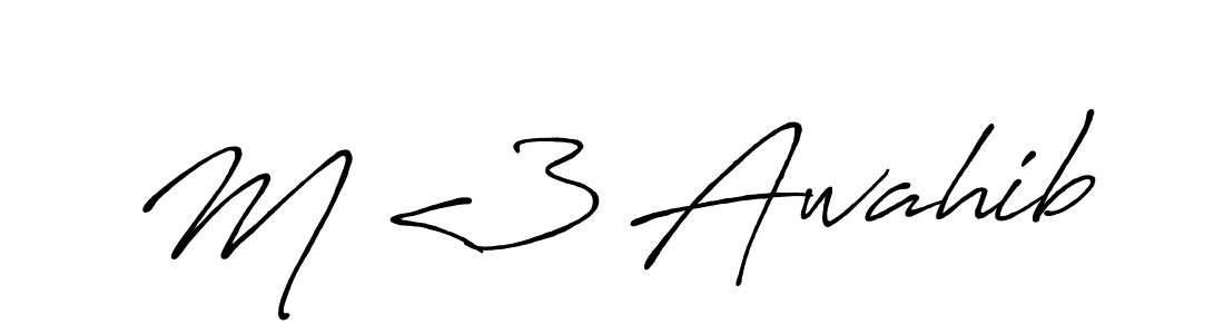 How to make M <3 Awahib name signature. Use Antro_Vectra_Bolder style for creating short signs online. This is the latest handwritten sign. M <3 Awahib signature style 7 images and pictures png