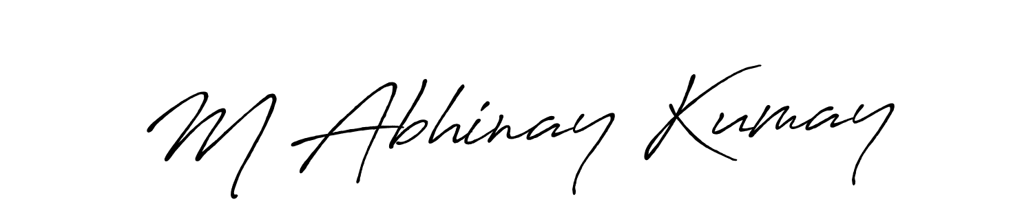 The best way (Antro_Vectra_Bolder) to make a short signature is to pick only two or three words in your name. The name M Abhinay Kumay include a total of six letters. For converting this name. M Abhinay Kumay signature style 7 images and pictures png