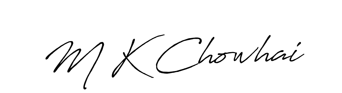 The best way (Antro_Vectra_Bolder) to make a short signature is to pick only two or three words in your name. The name M K Chowhai include a total of six letters. For converting this name. M K Chowhai signature style 7 images and pictures png