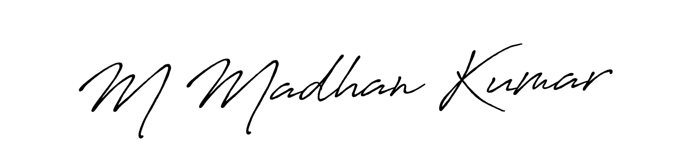 The best way (Antro_Vectra_Bolder) to make a short signature is to pick only two or three words in your name. The name M Madhan Kumar include a total of six letters. For converting this name. M Madhan Kumar signature style 7 images and pictures png