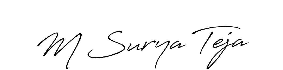 The best way (Antro_Vectra_Bolder) to make a short signature is to pick only two or three words in your name. The name M Surya Teja include a total of six letters. For converting this name. M Surya Teja signature style 7 images and pictures png