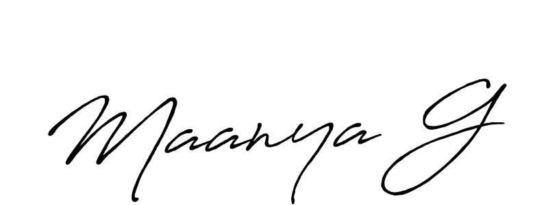 The best way (Antro_Vectra_Bolder) to make a short signature is to pick only two or three words in your name. The name Maanya G include a total of six letters. For converting this name. Maanya G signature style 7 images and pictures png