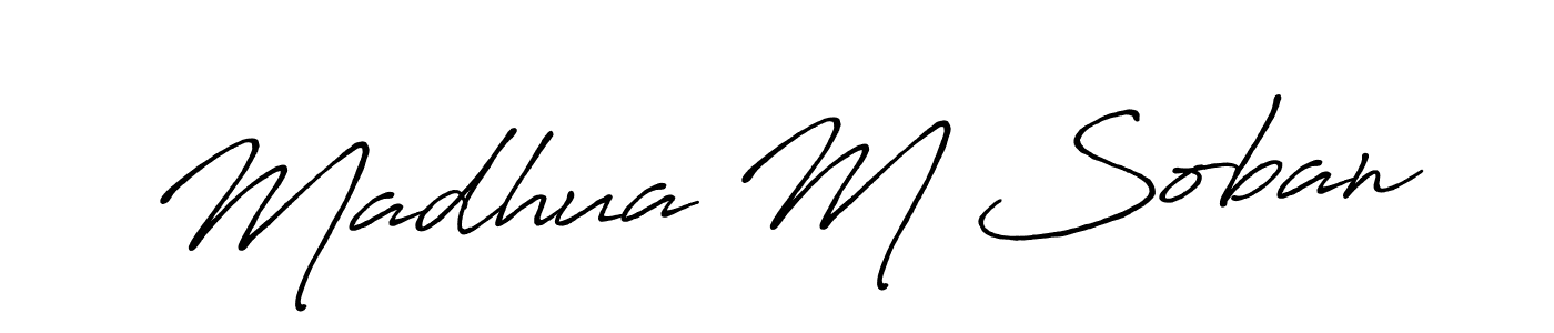 The best way (Antro_Vectra_Bolder) to make a short signature is to pick only two or three words in your name. The name Madhua M Soban include a total of six letters. For converting this name. Madhua M Soban signature style 7 images and pictures png