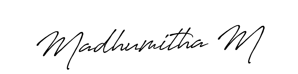 Similarly Antro_Vectra_Bolder is the best handwritten signature design. Signature creator online .You can use it as an online autograph creator for name Madhumitha M. Madhumitha M signature style 7 images and pictures png