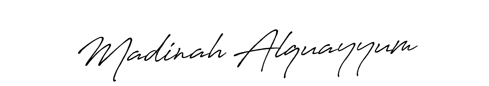 Create a beautiful signature design for name Madinah Alquayyum. With this signature (Antro_Vectra_Bolder) fonts, you can make a handwritten signature for free. Madinah Alquayyum signature style 7 images and pictures png