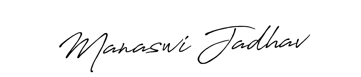 The best way (Antro_Vectra_Bolder) to make a short signature is to pick only two or three words in your name. The name Manaswi Jadhav include a total of six letters. For converting this name. Manaswi Jadhav signature style 7 images and pictures png