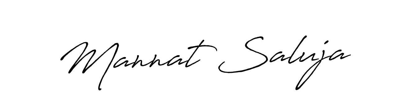 The best way (Antro_Vectra_Bolder) to make a short signature is to pick only two or three words in your name. The name Mannat Saluja include a total of six letters. For converting this name. Mannat Saluja signature style 7 images and pictures png