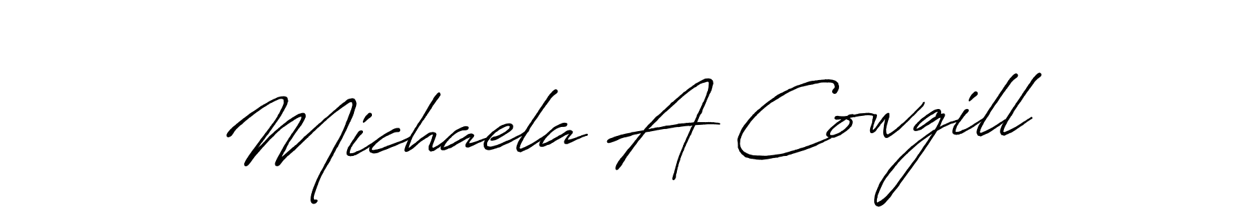 The best way (Antro_Vectra_Bolder) to make a short signature is to pick only two or three words in your name. The name Michaela A Cowgill include a total of six letters. For converting this name. Michaela A Cowgill signature style 7 images and pictures png