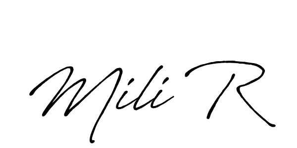 Similarly Antro_Vectra_Bolder is the best handwritten signature design. Signature creator online .You can use it as an online autograph creator for name Mili R. Mili R signature style 7 images and pictures png