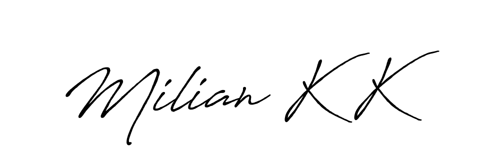 if you are searching for the best signature style for your name Milian K K. so please give up your signature search. here we have designed multiple signature styles  using Antro_Vectra_Bolder. Milian K K signature style 7 images and pictures png