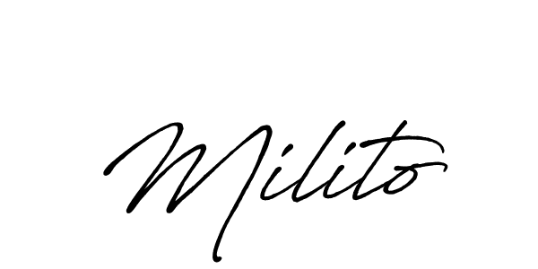 The best way (Antro_Vectra_Bolder) to make a short signature is to pick only two or three words in your name. The name Milito include a total of six letters. For converting this name. Milito signature style 7 images and pictures png