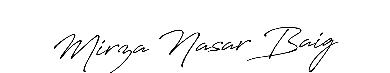 How to make Mirza Nasar Baig name signature. Use Antro_Vectra_Bolder style for creating short signs online. This is the latest handwritten sign. Mirza Nasar Baig signature style 7 images and pictures png