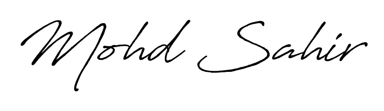 A sleek calligraphic signature for name Mohd Sahir utilizing Antro_Vectra_Bolder styling. Great for adding personal signatures to photos and art. Mohd Sahir signature style 7 images and pictures png