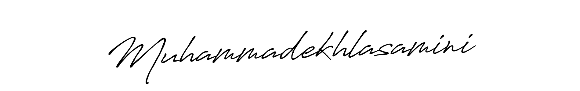 The best way (Antro_Vectra_Bolder) to make a short signature is to pick only two or three words in your name. The name Muhammadekhlasamini include a total of six letters. For converting this name. Muhammadekhlasamini signature style 7 images and pictures png
