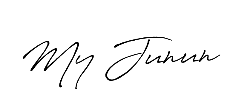 The best way (Antro_Vectra_Bolder) to make a short signature is to pick only two or three words in your name. The name My Junun include a total of six letters. For converting this name. My Junun signature style 7 images and pictures png