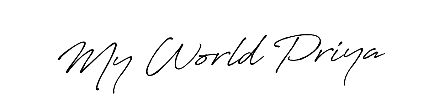 The best way (Antro_Vectra_Bolder) to make a short signature is to pick only two or three words in your name. The name My World Priya include a total of six letters. For converting this name. My World Priya signature style 7 images and pictures png