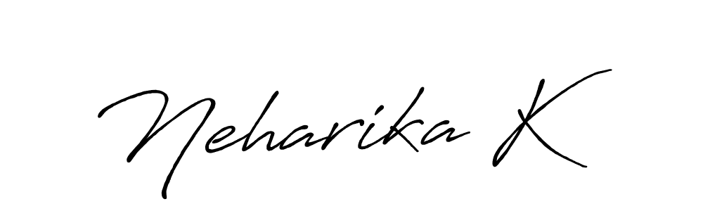 The best way (Antro_Vectra_Bolder) to make a short signature is to pick only two or three words in your name. The name Neharika K include a total of six letters. For converting this name. Neharika K signature style 7 images and pictures png