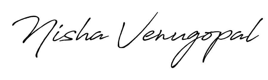 A sleek calligraphic signature for name Nisha Venugopal utilizing Antro_Vectra_Bolder styling. Great for adding personal signatures to photos and art. Nisha Venugopal signature style 7 images and pictures png