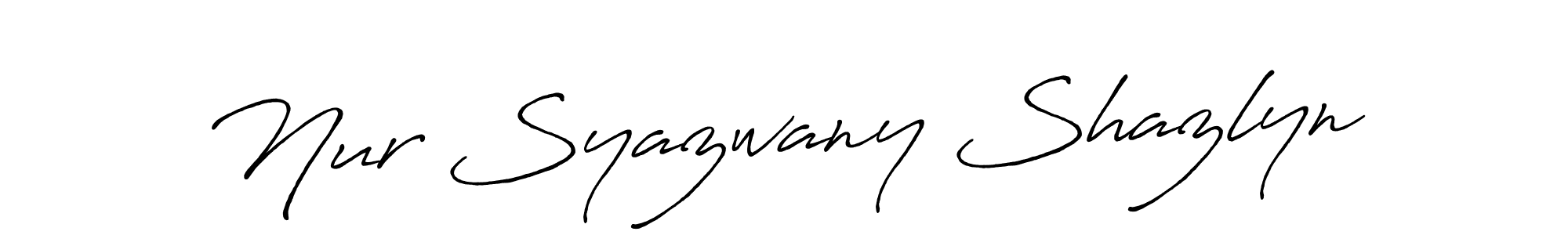 The best way (Antro_Vectra_Bolder) to make a short signature is to pick only two or three words in your name. The name Nur Syazwany Shazlyn include a total of six letters. For converting this name. Nur Syazwany Shazlyn signature style 7 images and pictures png