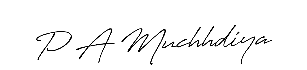 The best way (Antro_Vectra_Bolder) to make a short signature is to pick only two or three words in your name. The name P A Muchhdiya include a total of six letters. For converting this name. P A Muchhdiya signature style 7 images and pictures png