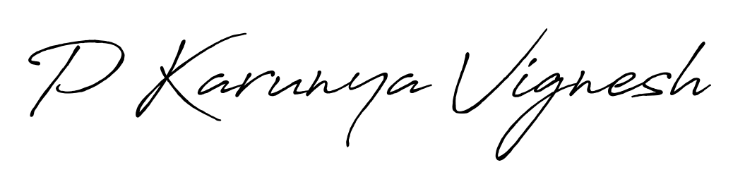 Express your personality with a custom P Karunya Vignesh signature crafted with Antro_Vectra_Bolder typography. Free transparent PNG download available. P Karunya Vignesh signature style 7 images and pictures png