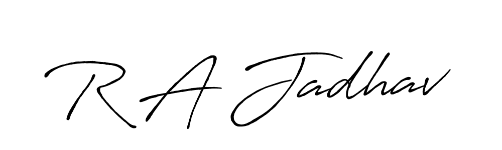 The best way (Antro_Vectra_Bolder) to make a short signature is to pick only two or three words in your name. The name R A Jadhav include a total of six letters. For converting this name. R A Jadhav signature style 7 images and pictures png
