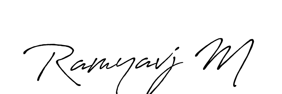 if you are searching for the best signature style for your name Ramyavj M. so please give up your signature search. here we have designed multiple signature styles  using Antro_Vectra_Bolder. Ramyavj M signature style 7 images and pictures png