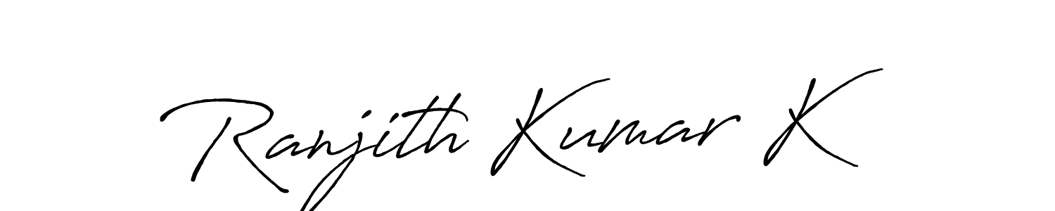 The best way (Antro_Vectra_Bolder) to make a short signature is to pick only two or three words in your name. The name Ranjith Kumar K include a total of six letters. For converting this name. Ranjith Kumar K signature style 7 images and pictures png