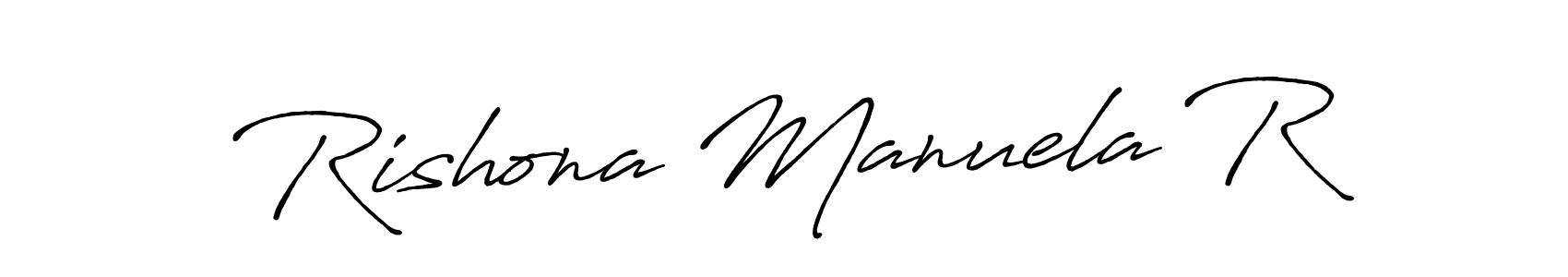 How to make Rishona Manuela R name signature. Use Antro_Vectra_Bolder style for creating short signs online. This is the latest handwritten sign. Rishona Manuela R signature style 7 images and pictures png