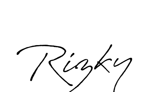 Make a beautiful signature design for name Rizky. With this signature (Antro_Vectra_Bolder) style, you can create a handwritten signature for free. Rizky signature style 7 images and pictures png