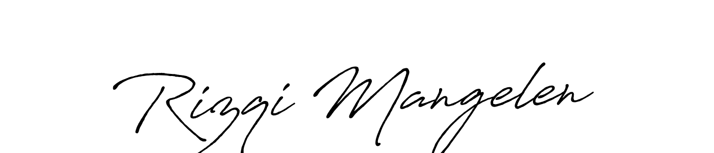 How to make Rizqi Mangelen name signature. Use Antro_Vectra_Bolder style for creating short signs online. This is the latest handwritten sign. Rizqi Mangelen signature style 7 images and pictures png