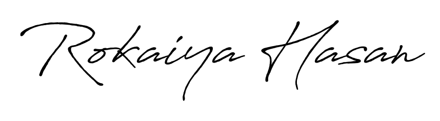 The Antro_Vectra_Bolder typeface gives name Rokaiya Hasan a refined look. Suitable for certificates, diplomas, and official verification. Rokaiya Hasan signature style 7 images and pictures png