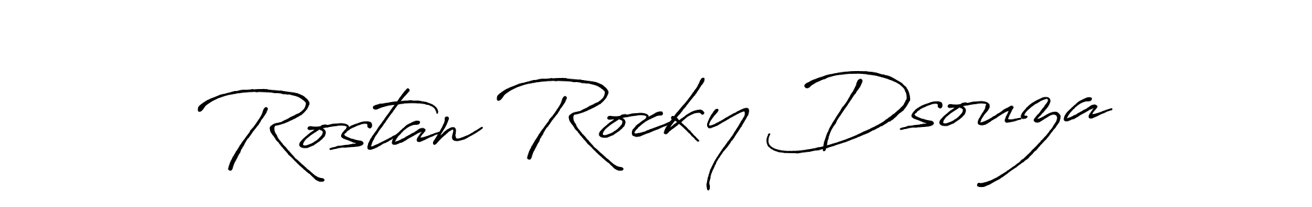 How to make Rostan Rocky Dsouza name signature. Use Antro_Vectra_Bolder style for creating short signs online. This is the latest handwritten sign. Rostan Rocky Dsouza signature style 7 images and pictures png