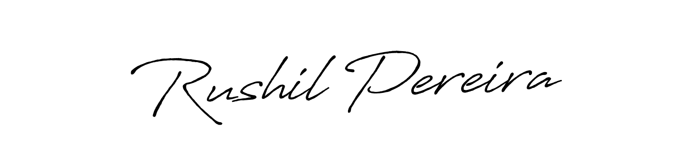 The best way (Antro_Vectra_Bolder) to make a short signature is to pick only two or three words in your name. The name Rushil Pereira include a total of six letters. For converting this name. Rushil Pereira signature style 7 images and pictures png