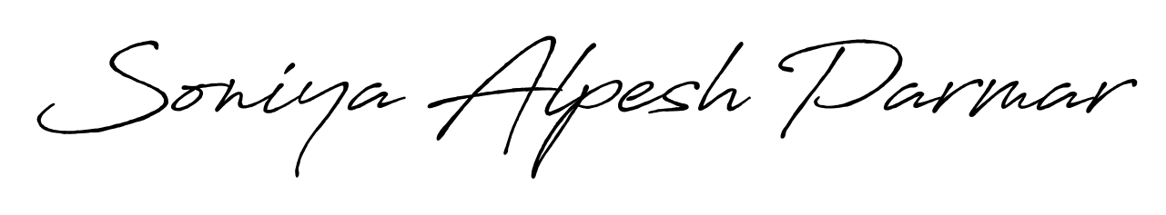 The Antro_Vectra_Bolder typeface gives name Soniya Alpesh Parmar a refined look. Suitable for certificates, diplomas, and official verification. Soniya Alpesh Parmar signature style 7 images and pictures png