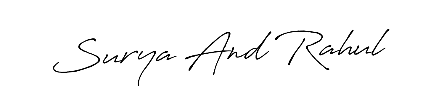The best way (Antro_Vectra_Bolder) to make a short signature is to pick only two or three words in your name. The name Surya And Rahul include a total of six letters. For converting this name. Surya And Rahul signature style 7 images and pictures png
