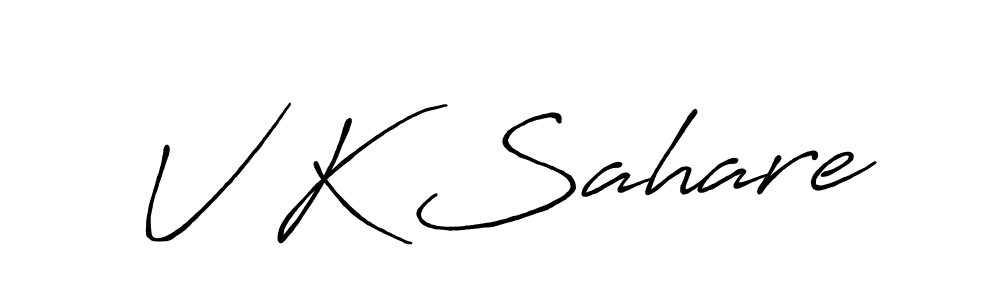 The best way (Antro_Vectra_Bolder) to make a short signature is to pick only two or three words in your name. The name V K Sahare include a total of six letters. For converting this name. V K Sahare signature style 7 images and pictures png