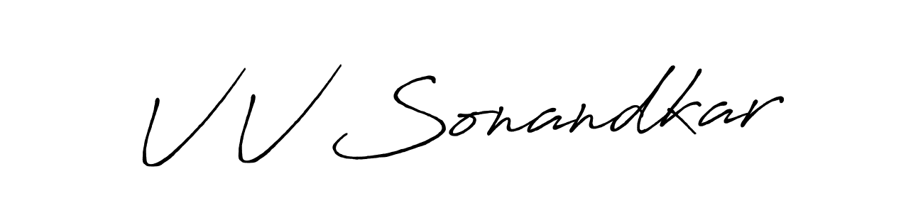 The best way (Antro_Vectra_Bolder) to make a short signature is to pick only two or three words in your name. The name V V Sonandkar include a total of six letters. For converting this name. V V Sonandkar signature style 7 images and pictures png