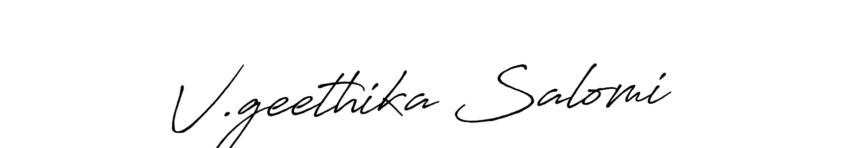 How to make V.geethika Salomi name signature. Use Antro_Vectra_Bolder style for creating short signs online. This is the latest handwritten sign. V.geethika Salomi signature style 7 images and pictures png