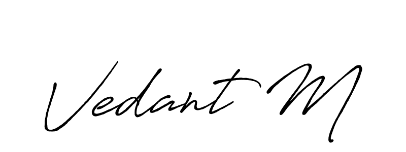 The best way (Antro_Vectra_Bolder) to make a short signature is to pick only two or three words in your name. The name Vedant M include a total of six letters. For converting this name. Vedant M signature style 7 images and pictures png