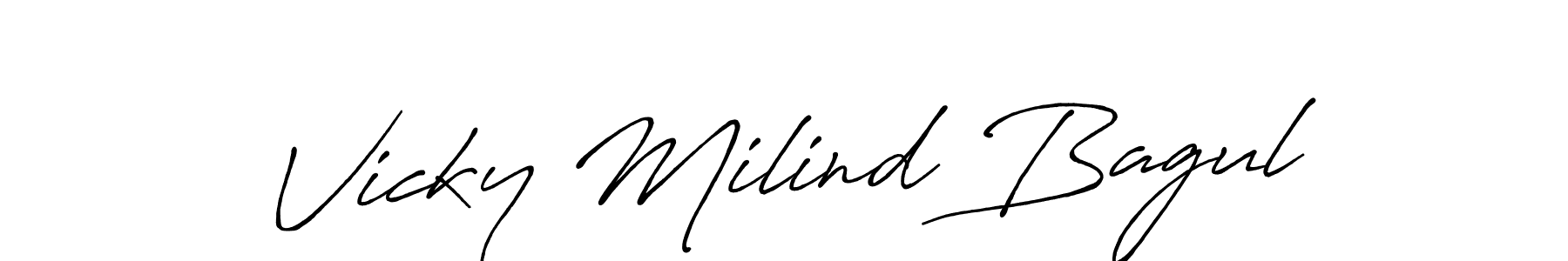How to make Vicky Milind Bagul name signature. Use Antro_Vectra_Bolder style for creating short signs online. This is the latest handwritten sign. Vicky Milind Bagul signature style 7 images and pictures png