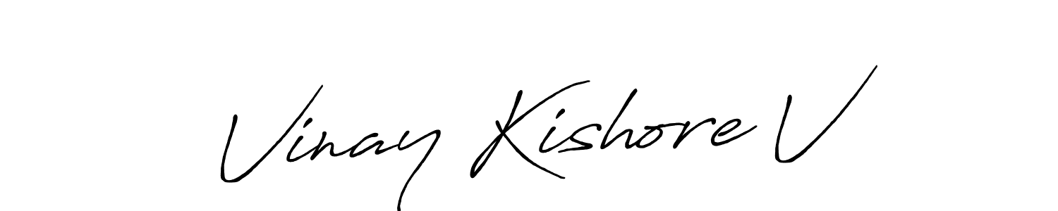 How to make Vinay Kishore V name signature. Use Antro_Vectra_Bolder style for creating short signs online. This is the latest handwritten sign. Vinay Kishore V signature style 7 images and pictures png