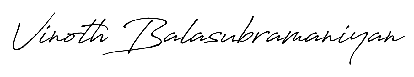 A modern signature idea for name Vinoth Balasubramaniyan using Antro_Vectra_Bolder font. Clean strokes and elegant curves make it stand out instantly. Vinoth Balasubramaniyan signature style 7 images and pictures png
